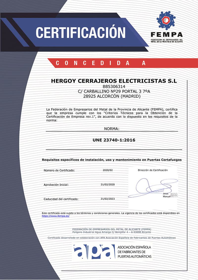 CERTIFICADO HERGOY EMPRESA INSTALADORA MANTENEDORA DE PUERTAS DE CORTAFUEGOS